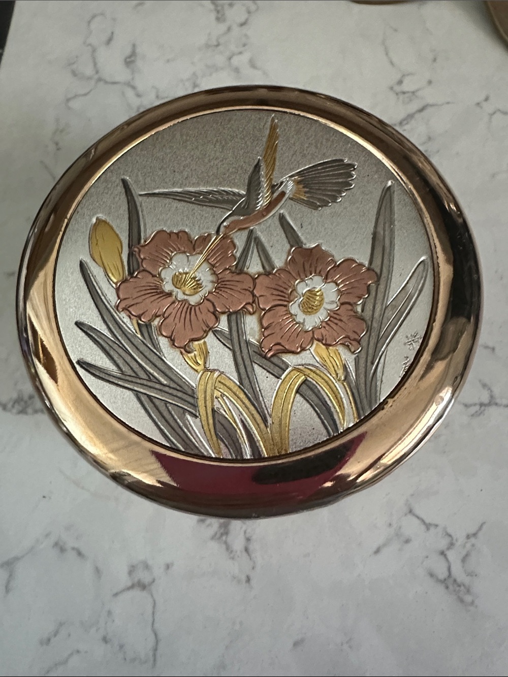Vintage Art of Chokin Trinket Box Hummingbird Flowers 24K Gold Edged Porcelain